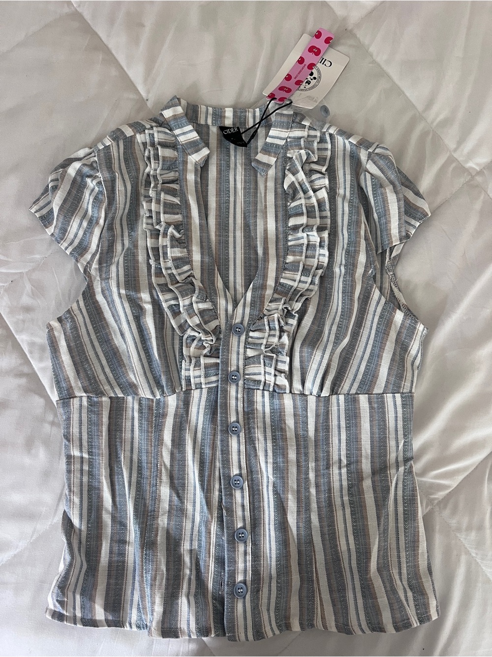 Cider Striped Ruffle Button-Front Top - Blue, Gray, Cream